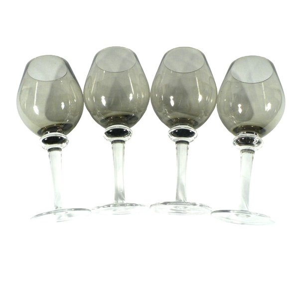 Wine Glass Goblet Smoked Gray Clear Stem Set of 4 Vintage Glassware 10" - Picture 3 of 15